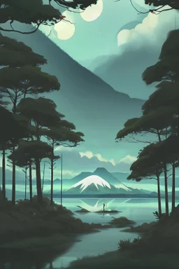 beautiful anime background with sky and nature as theme with a little bit of dark aesthetics and a hut with foggy weather and a lake that as aesthetically pleasing calm harmony and a forest