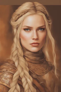 A drawing of beautiful woman with blond hair, viking braids Brown leather armor.