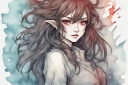 a close-up headshot of a woman with long brown hair, red eyes, sharp teeth, scales, pointed ears, beautiful monster, intricately detailed, colored sketchy manga style, splotchy watercolor background