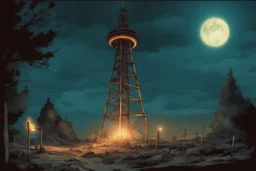 night, radio tower, apocalyptic background, comic book,
