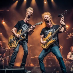 Beavis and Butthead as muscular heavy metal guitarists, wearing t-shirts, screaming on stage and playing guitar, professional concert photography, spotlight, intricately detailed, cinematic, cartoon, dynamic composition