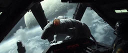 6️⃣ Pre-Landing Chaos "Cockpit view of damaged but functional spaceship descending over stormy alien planet. Giant mummy rat crouches on console, eyes alert and intelligent, bandages fluttering. Crew frantically manages controls. Stasis rat pod faintly illuminated behind them. Dramatic shadows, realistic textures, tense cinematic composition."