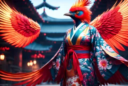 cinematic lighting, 8k highly detailed, surreal and striking, bird humanoid, phoenix, kimono,