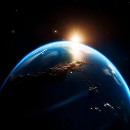 Cinematic view of earth from the point of view of something in orbit of another planet that looks like a disco ball. The earth is behind the planet