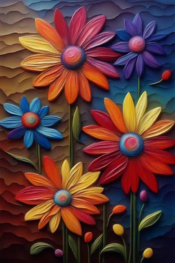 3d embossed oil painting of colorful flowers, flowers in the background, vivid colors,