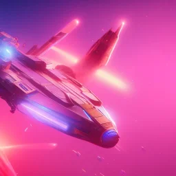 a crystalised blue pink spaceship, gold, diamonds, lightbeams, cosmic background, atmospheric, realistic, unreal engine, 8k. Cinematic lighting, octane render.