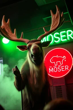 An big female moose with big eyes "Veronika Moser" performing at dance club, her name is "Moser" HAIRY FRUITS EVERYWERE On stage, Green Neon lights and smog, and "VERONIKA MOSER" big sign on the wall, "DU UND ICH UND MOSER" red plate sign, Yellow warning sign with moose