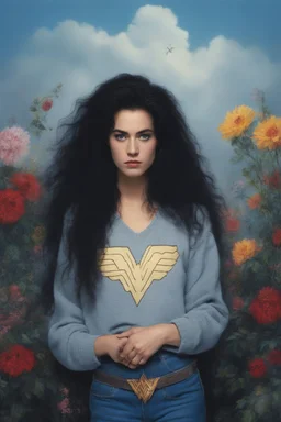 1980, 16-year-old wonder woman, gray cotton sweater, ((1980's big hair, long, teased up Spikey Motley Crue style hair)), black hair, facial portraits, foggy, cloudy blue wall with assorted designs and multiple floral arrangements in the background, 4k, 8k, 16k, 32k, 100k UHD, Ultra-Hyper Resolution, dark, sultry eyeshadow, eyeliner, mascara, rouge, lipstick