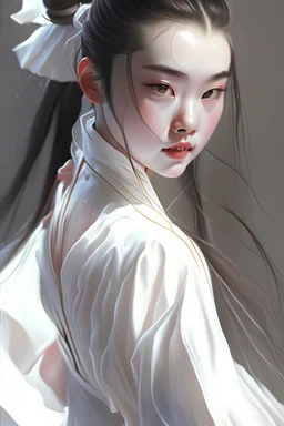 The young and beautiful Chinese girl, 18 years old, is wearing a white transparent Hanfu with a martial arts style. from a back perspective bending forward, portrait photography by artgerm, Super photoreal, full body, Smile, Athlete figure, Professional k-pop idol, Drooping eyes, Perfect eyes, Cute, Sweat, sweaty skin, wet skin, 3d, superphotoreal, hyperreal, photorealistic, global illumination,