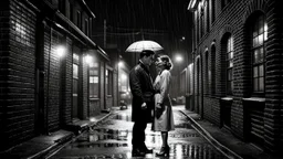 a man and a woman talking by the light of lanterns on a dark and rainy night on a street with old brick buildings, in film noir style