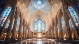 futuristic fantastic symmetrical cathedral interior view, year 2160, night, beautiful, colorful, totally symmetrical design, style Shigeru Ban, innovative architecture, award-winning photograph, awesome, serene, inspiring, spiritual, impressive, cinematic lighting, epic composition, photorealism, very high detail, Unreal Engine, Octane render, HDR