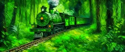 A train in a lime green jungle painted by Vincent van Gogh