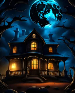 Generate a high-resolution, photo-realistic image showcasing a spooky Halloween scene. Feature a haunted house with eerie details in the background, and two pumpkins stacked in the foreground, the top one carved and glowing. Include a haunted skeleton emerging from the shadows near the pumpkins. Above the scene, a large, glowing blue moon illuminates several bats flying across the sky. The composition should capture the vibrant and chilling atmosphere of Halloween.