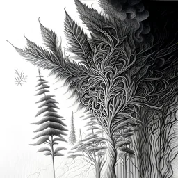 Sketch a composition where intricate smoke patterns transform into a forest of towering trees made entirely of crushed weed leaves, filling the canvas with a surreal and visually captivating asymmetrical patterns. Pencil sketch Drawing