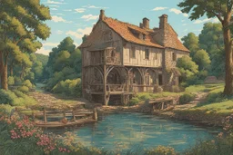 museum quality color woodcut landscape of a fanciful 18th century ramshackle French country millhouse with waterwheel, nestled on the banks of the Dordogne River , on a blissful summer morning, in the style of Gustave Baumann, with a fine art aesthetic, highly detailed, finely cut ,8k render, soft early summer colors