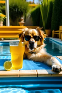 hund der mit einer Sonnenbrille neben einem pool der mit Gold gefüllt ist auf einem Liegestuhl liegt und eine Limonade trinkt