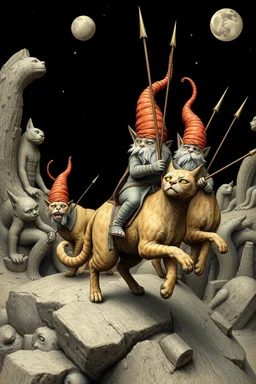 gnomes riding cats with lances in the style of Escher and Giger
