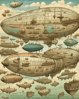 A flesh colored fleet of airships in the sky designed in Matryoshka dolls