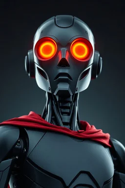 Realistic photo of a dark gray humanoid robot with glowing orange eyes and wearing a crimson cape