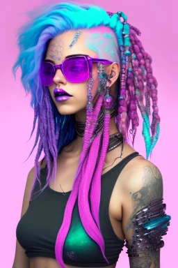 mermaid cyberpunk some fish scales on face pink hair dreadlock sunglasses gem in front