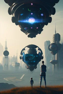 projection of an AI head hovering over an cyberpunk landscape in the distance, a small human walking towards the head, high quality, 4k resolution, high details