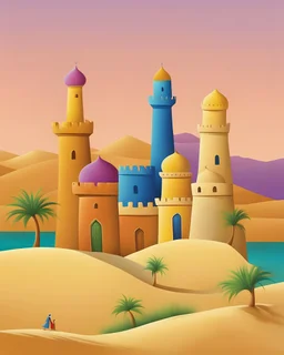 a whimsical multicolor Omani old city old castle in desert dune line, on the horizon, by Iwona Lifsches