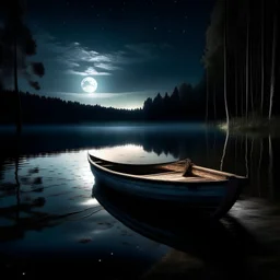 an empty rowboat on a lake between the sun and the moon , night time, forest in background, photo quality