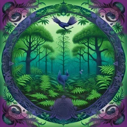 realistic image like a photo of Indian mandala of forest. on first plan ferns, behind roots, tress, flying birds. all in purple green colours