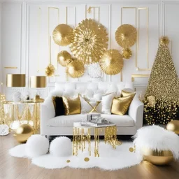 A picture of a living room with gold party decoration