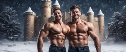 Hyper realistic Extremely Handsome shirtless muscular men smiling & Standing outside huge castle with a lion at heavy snowfall night