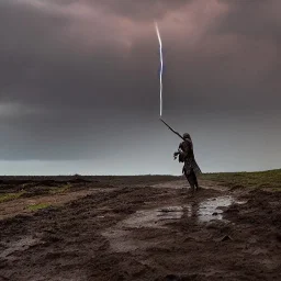 Heavy rain. Epic Lighting in the sky. Knight with magic scroll in hand. Falling meteorite from the sky. Meteorite burning in the distance. Dark mud.