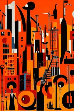 A dark orange color metropolis made out of jazz instruments painted by Stuart Davis