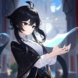 Clear focus, High resolution, short black hair, white and black hair, 2 hair colors, black eyes, wearing a black jacket and a white shirt, wearing a black skirt, 1girl, Genshin impact, long locks, long eyelashes, black tie