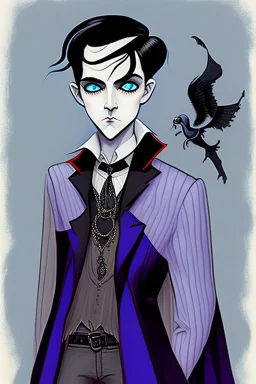 black haired blue eyed young man necromancer wizard with gothic jewelry in the style of charles addams