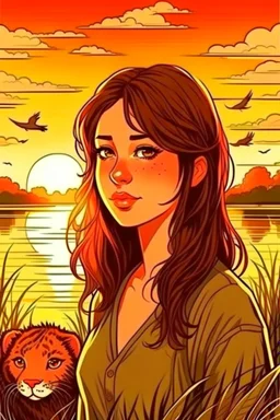 girl, brown hair, brown eyes, sunset, nature in the background with animals, handdrawn, river