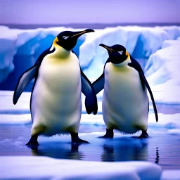 Here is my attempt to generate an image based on your detailed prompt: An expansive, cinematic 24K image of two emperor penguins wearing large black headphones and dancing joyfully on a floating circular ice platform in choppy, stormy Antarctic waters. The penguins are shown mid-step, wings outstretched, heads bobbing to the beat. Jagged shards of blue ice jut out dangerously from the dark waves crashing against the icy stage. In the background, the sky is filled with moody shades of scarlet an