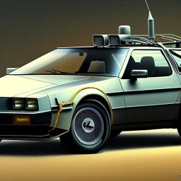 hyperrealism Drawing of '1981 DeLorean DMC-12' three quarter frontal aerial view, by gaston bussiere, greg rutkowski, yoji shinkawa, yoshitaka amano, tsutomu nihei, donato giancola, tim hildebrandt,oil on canvas, cinematic composition,Sharp detail,extreme detail,fit full head inside picture,16k