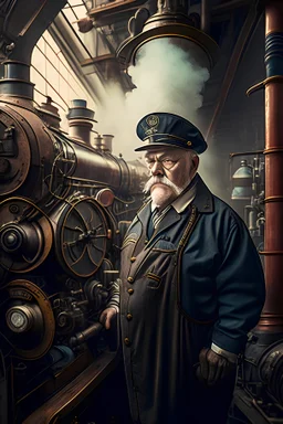 A nostalgic portrait of a vintage locomotive engineer, surrounded by the intricate machinery and billowing steam of the engine room, evoking a bygone era.