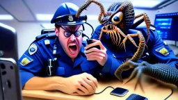 male cop dispatcher deals with evil virus crawling out of the phone handset