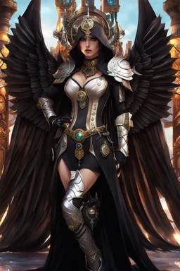 Fullbody of Steampunk armor, burka,beautiful angel wings, angry,malicious, goddess, warrior girl, crystal, broken glass, jewelry, ornements, half opened mouth, starcraft, magical orbe, cat eyes,white face,scifi, technology, photography