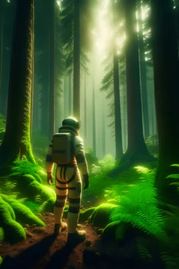 An astronaut standing In a magical forest, unreal Engine
