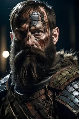 a zombie with a beard and scars, in medieval armour