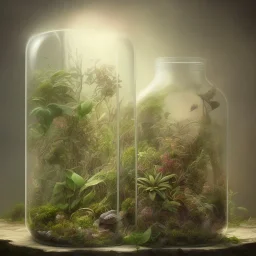 a glass jar terrarium filled with plants, highly detailed, digital art, sharp focus, trending on art station, illustration