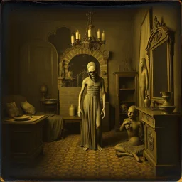 Daguerrotype, eerie figure, odd background, Hieronymus Bosch, room, Max Ernst, creepy, ambient light, by Minicavio Quollati and Marlost Endgulp, exoteric, mystic, Amano, Botticelli, Hieronymus Bosch, Alphonse Mucha