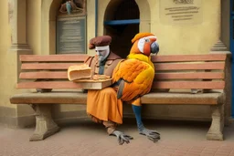 Half parrot half human in a 1700s Orange Dutch uniform siting on a bench in a Dutch city eating a loaf of bread