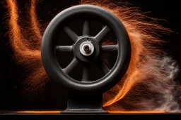 dark background. billowing white smoke (front, spiraling from bottom right side and across), lighting bolt (back, middle from left to right), orange metal sparks (spray across) from grinder wheel(bottom right). energetic