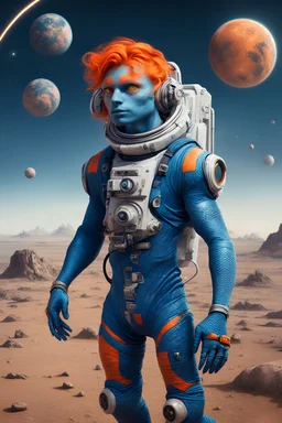 Astronauta reptil color azul, con ojos saltones, cabello anaranjado,con tatuajes y con accesorios tecnológicos. Plano lejano cuerpo entero con el universo de fondo.