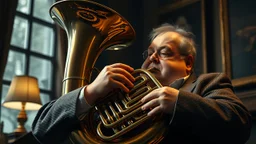 Tuba being played by fat middle-aged man, in the style of Gerard Hoffnung, exquisite composition, beautiful detailed intricate insanely detailed octane render trending on artstation, 8k artistic photography, photorealistic concept art, soft natural volumetric cinematic perfect light, chiaroscuro, award-winning photograph, masterpiece