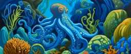 A blue underwater reef with an octopus designed in Scandinavian folk art painted by Thomas Hart Benton