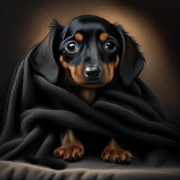 Disney style picture of a black and tan short hair dachshund puppy of 7 months. wrapped up in a blanket, more black than tan